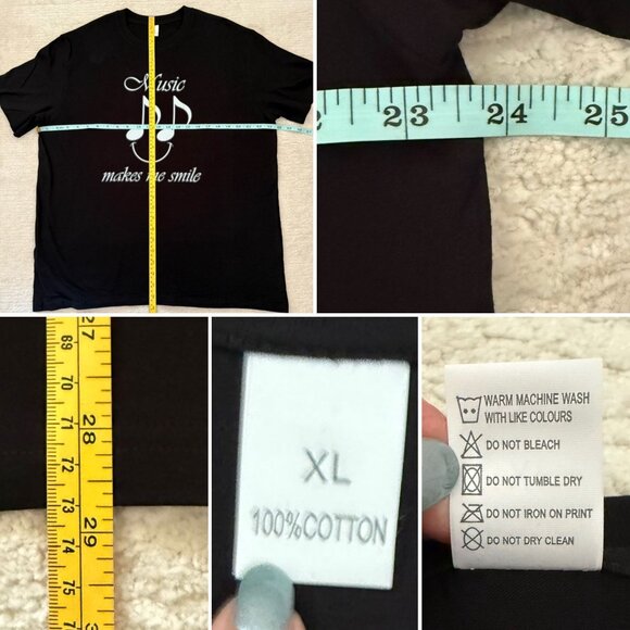 Music Makes Me Smile Graphic Tee T Shirt Size XL Black Cotton Music Lover Tee - Picture 6 of 6